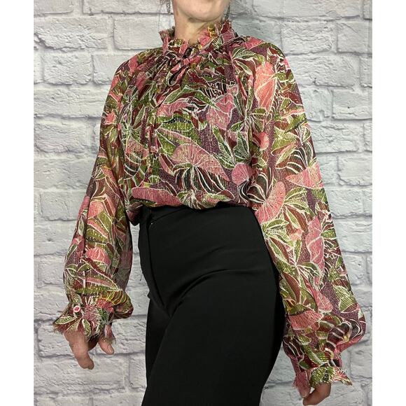 Gorgeous,  Elan Semi Sheer Botanical Print Blouse with Gold Threading - Picture 4 of 8